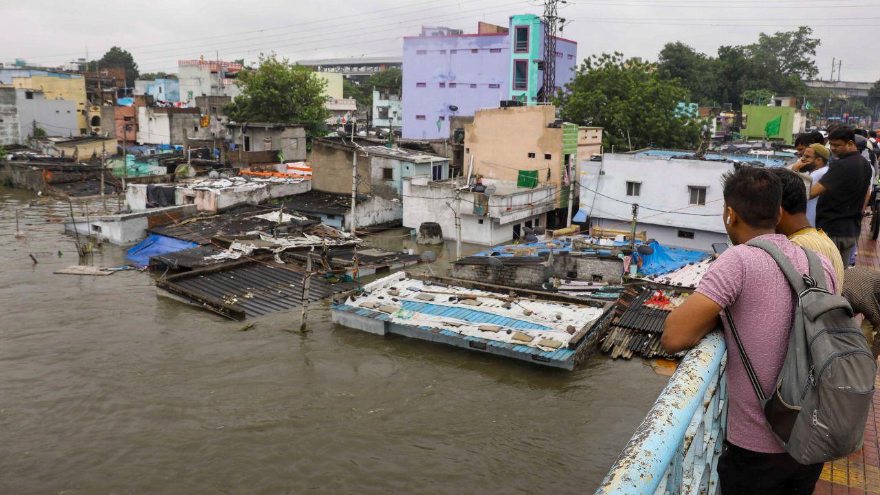  Structures at a low-lying area near swollen Musi river following heavy rains, in Hyderabad were submereged